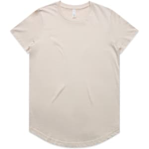 A light beige t-shirt with a rounded hem and short sleeves, featuring a logo on the label.