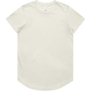 A light green T-shirt with a rounded hem and short sleeves, featuring a subtle logo.