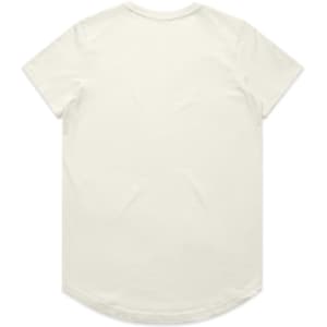 A plain cream T-shirt featuring a rounded hem and short sleeves, displaying a logo on the back.