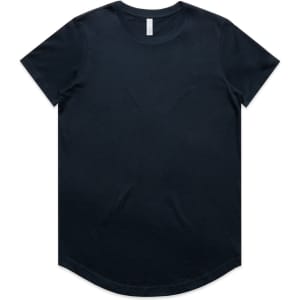 A black t-shirt with a curved hem and a tag in the collar, featuring a branding logo.