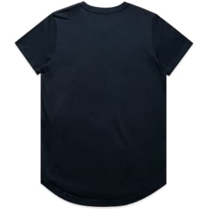 A black t-shirt featuring a round neck and short sleeves, with a curved hemline. It has a logo on the back.