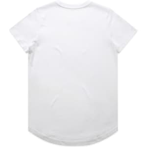 A plain white t-shirt with short sleeves and a rounded hem, featuring a logo on the back.