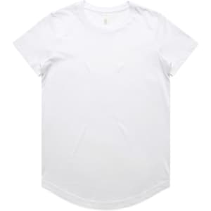 A white short-sleeve T-shirt featuring a curved hem and a brand logo. Basic and versatile design.
