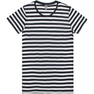 A striped t-shirt featuring horizontal black and white stripes with a classic crew neckline and short sleeves.