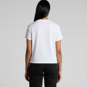 A white women's t-shirt with a cropped design, featuring a logo on the back.