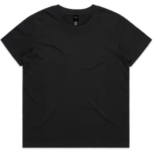 A black t-shirt with a standard crew neck and short sleeves, featuring a logo on the label.