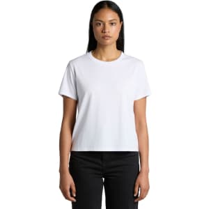 A white t-shirt with short sleeves, featuring a classic crew neckline and a fitted style. It has a branding logo.