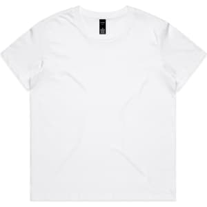 A white short-sleeved T-shirt with a round neckline and a logo at the collar.