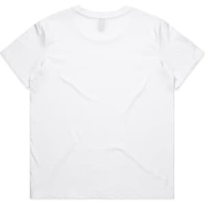A white T-shirt featuring a plain design, with a logo on the back and short sleeves.