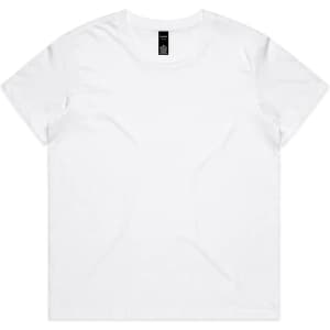 A plain white t-shirt with a round neckline and short sleeves, featuring a logo on the label.