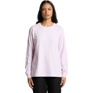 A long-sleeve T-shirt in soft pink, featuring a crew neckline and long sleeves, with a subtle logo.