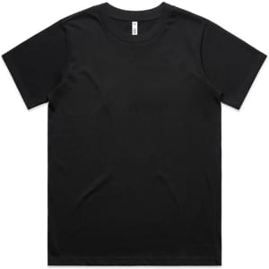 A black T-shirt with a classic fit, featuring a round neckline and short sleeves. It has a logo on the label.