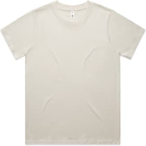 A plain cream-coloured T-shirt, short-sleeved, featuring a round neck and a logo on the label.