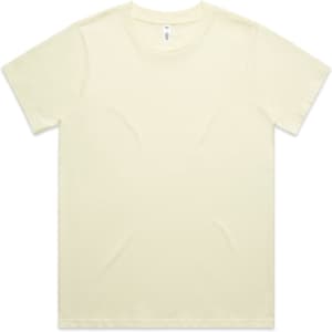 A light yellow t-shirt with short sleeves, featuring a rounded neckline and a small logo.