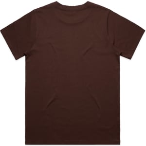 A plain brown t-shirt with a classic fit, featuring a logo on the back.