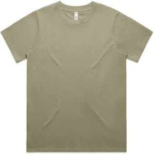 A light olive green t-shirt with a round neckline, featuring a logo on the label.
