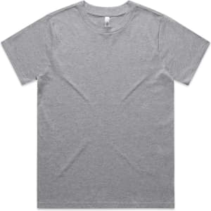 A plain grey T-shirt with short sleeves, featuring a tag inside the neckline and a logo on the hem.