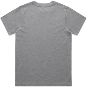 A grey t-shirt with short sleeves and a plain back, featuring a logo on the upper back.