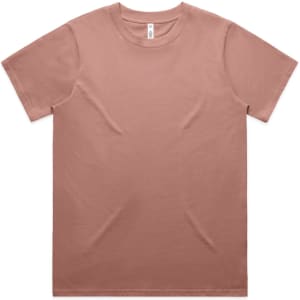 A light brown classic T-shirt with a round neckline and short sleeves, featuring a logo on the label.