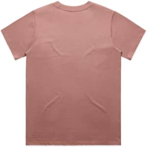 A plain, short-sleeved T-shirt in a muted pink hue, featuring a logo on the back.