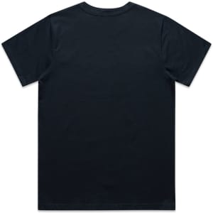 A black t-shirt featuring a simple design and a logo on the back.