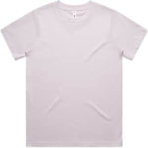 A light purple t-shirt displayed flat, featuring a simple design and a tag inside the collar. It has a logo.