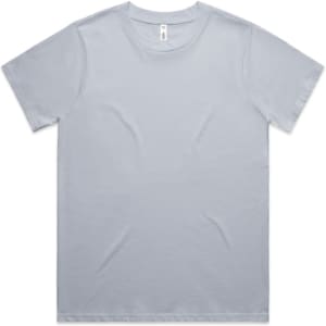A light blue T-shirt with short sleeves and a round neckline, featuring a logo.