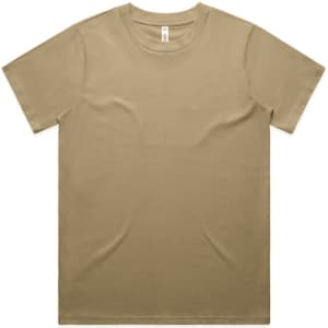 A plain khaki T-shirt featuring a crew neck and short sleeves, with a logo on the label.