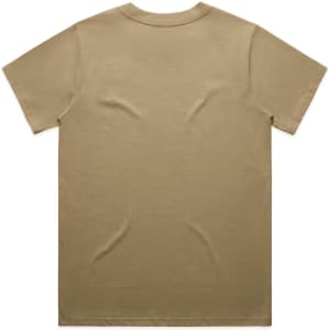 A beige T-shirt featuring a crew neck and short sleeves, with a logo present on the back.