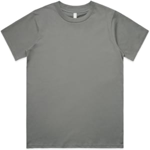 A grey t-shirt with a classic crew neckline and short sleeves. It has a logo on the label.