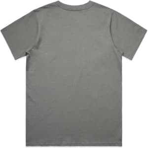 A grey T-shirt with a plain back, featuring a branding logo on the back neckline.