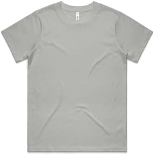 A light grey t-shirt with short sleeves and a crew neck. It features a logo on the inside label.