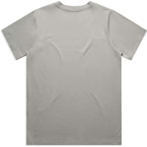 A grey classic t-shirt with short sleeves and a plain back, featuring a logo.