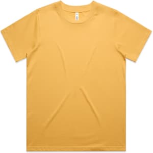 A classic yellow t-shirt with a simple design and a logo label on the neck.