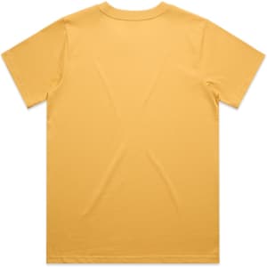 A plain yellow T-shirt featuring a crew neck and short sleeves, with a branding logo on the label.