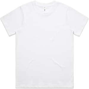 A white classic t-shirt with a simple design and a crew neck. It features a subtle branding logo.