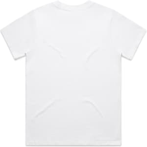 A plain white t-shirt featuring short sleeves and a simple design, with a logo present.