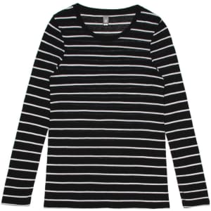 A black and white striped long sleeve t-shirt with a crew neckline and a logo on the label.