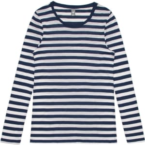 A long-sleeve tee featuring navy and white horizontal stripes. It has a crew neck and includes a branding logo.