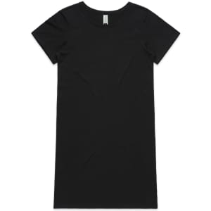 A black short sleeve dress displayed flat. The dress features a round neckline and a simple design. It includes a logo tag.