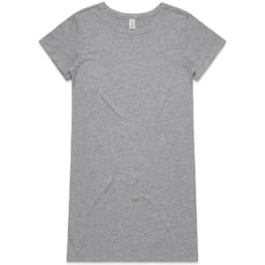 A grey organic short-sleeve dress with a simple design and round neckline. It features branding on the interior tag.