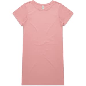 A pink organic short-sleeve dress with a simple, relaxed silhouette and a plain design. It has a brand logo label.