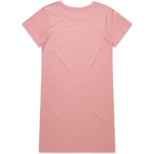 A pink short-sleeved dress with a simple round neck and a plain back design. It features a logo at the neck.