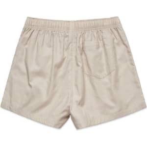 Light beige dress shorts featuring an elastic waistband and a single back pocket. Contains a logo.