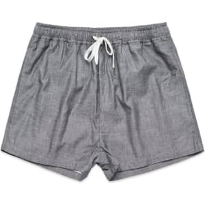 A pair of grey dress shorts with an elastic waistband and drawstring, featuring a basic design.