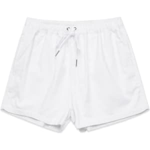 White dress shorts featuring an elastic waistband and drawstring, with side pockets and a branding logo.