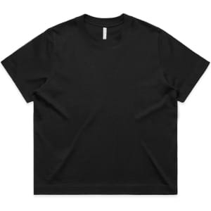 A black boxy tee featuring a classic crew neckline and short sleeves. The garment has no visible designs or patterns.