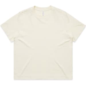 A plain beige T-shirt with a classic crew neckline and short sleeves. It features a small logo.