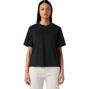 A black box tee with a relaxed fit and short sleeves, featuring a simple design and a logo.