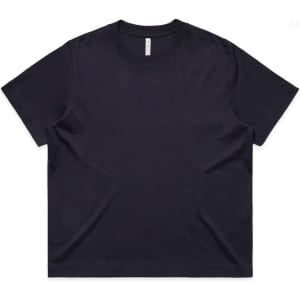 A navy blue box tee with a relaxed fit and short sleeves. The shirt features a simple design and has a logo.